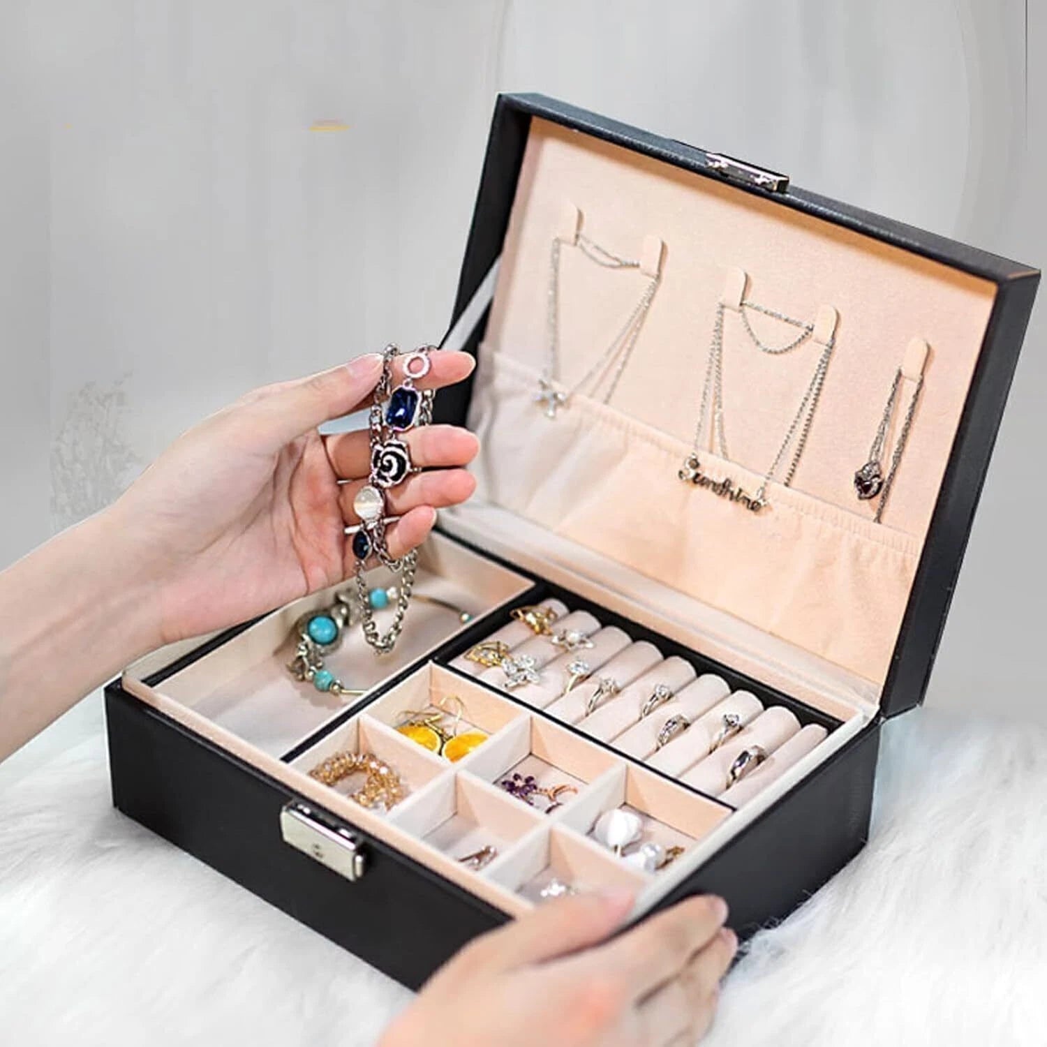 2 Layer Jewelry Organizer Box, PU Leather Jewelry Box with Removable Tray NEW | eBay