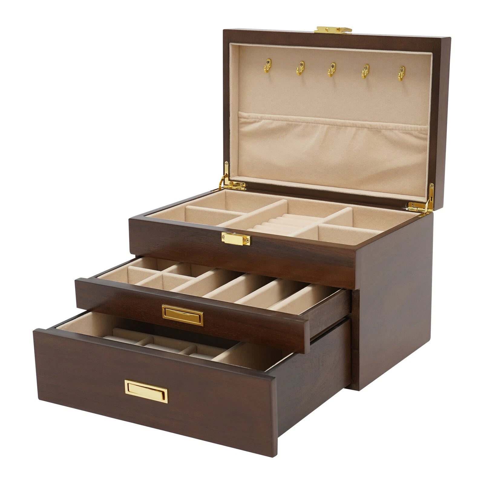 Large Wooden Jewelry Storage Box 3 Layers Organizer 2 Drawers Cabinet | eBay