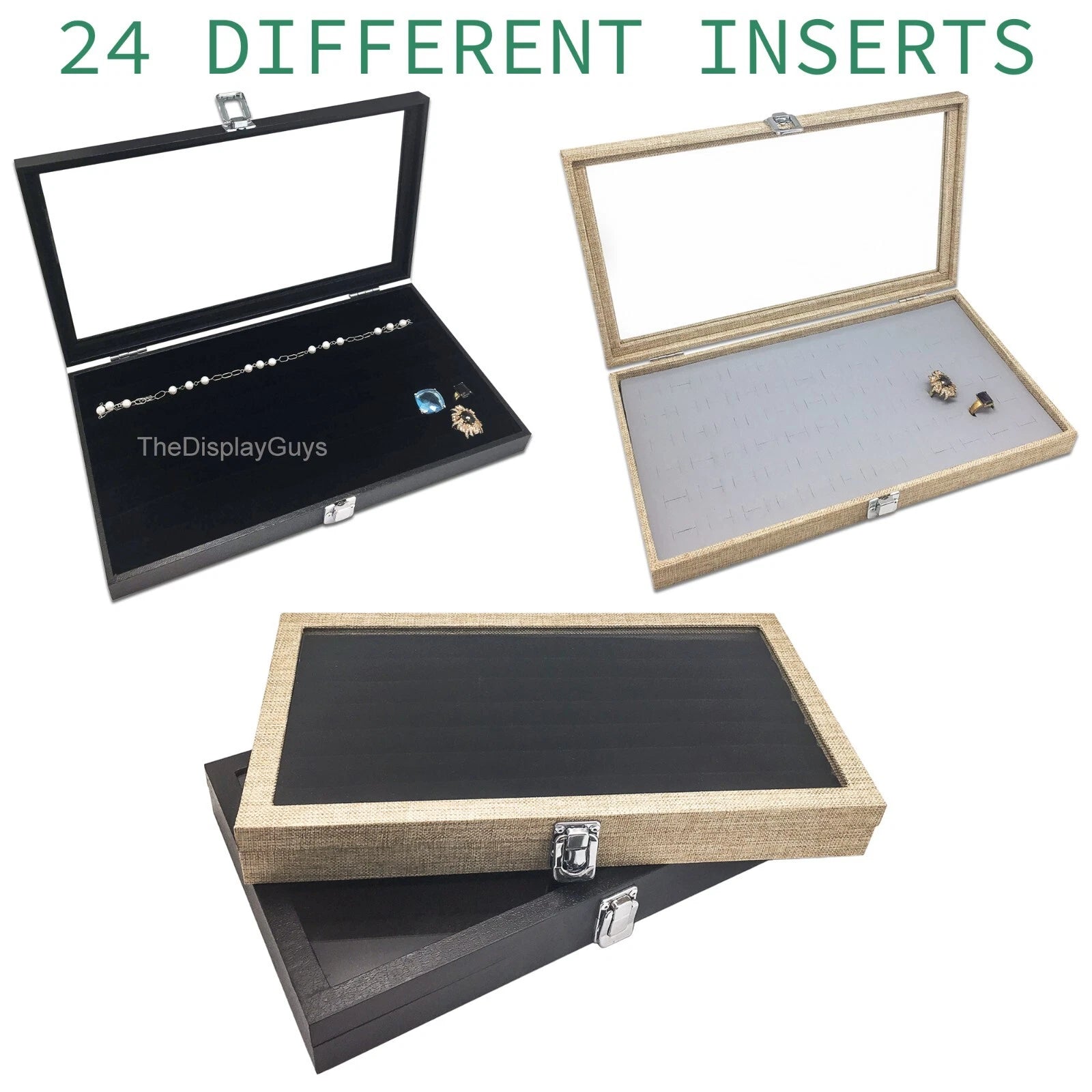 Wooden Jewelry Display Case Organizer Glass Lid & Ring/Jar Insert - Black/Burlap | eBay