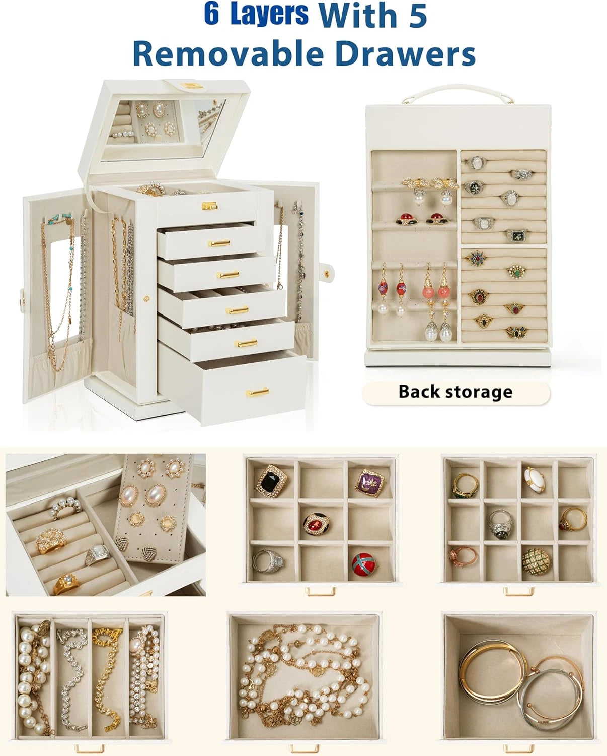 Jewelry Box 6-Tier Organizer Functional 360° Rotating Jewelry Storage Case for W | eBay