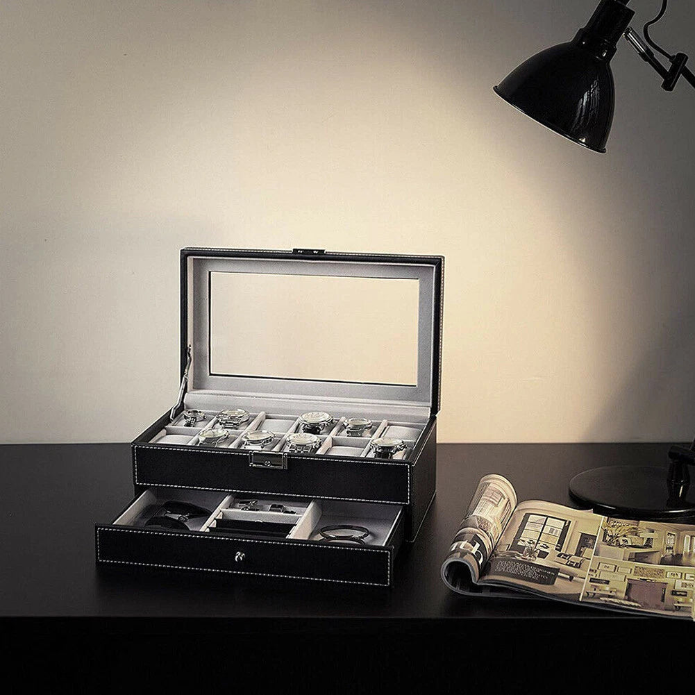 US12 Slot PU Leather Lockable Watch Storage Boxes Jewelry Display Drawer Case | eBay