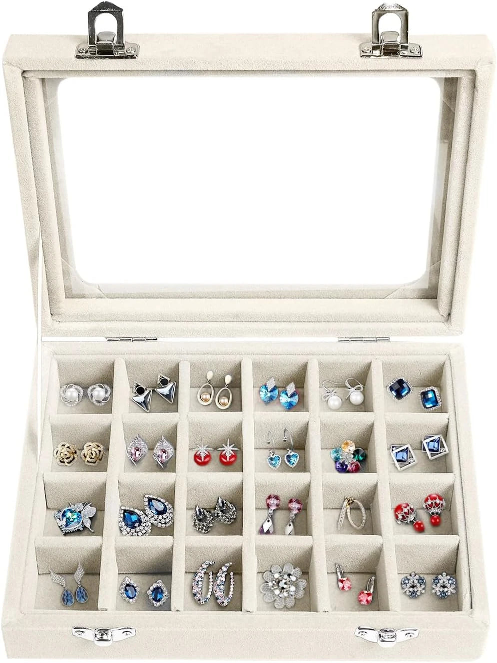 Jewelry Box 24 Grid Velvet Earring Tray with Clear Lid Ring Display Storage Orga | eBay