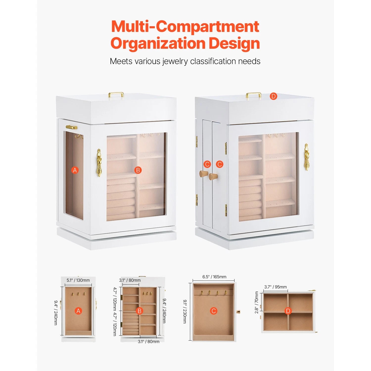 Jewelry Box 360° Rotating Jewelry Organizer with Built-in 4 Necklace Hooks White | eBay