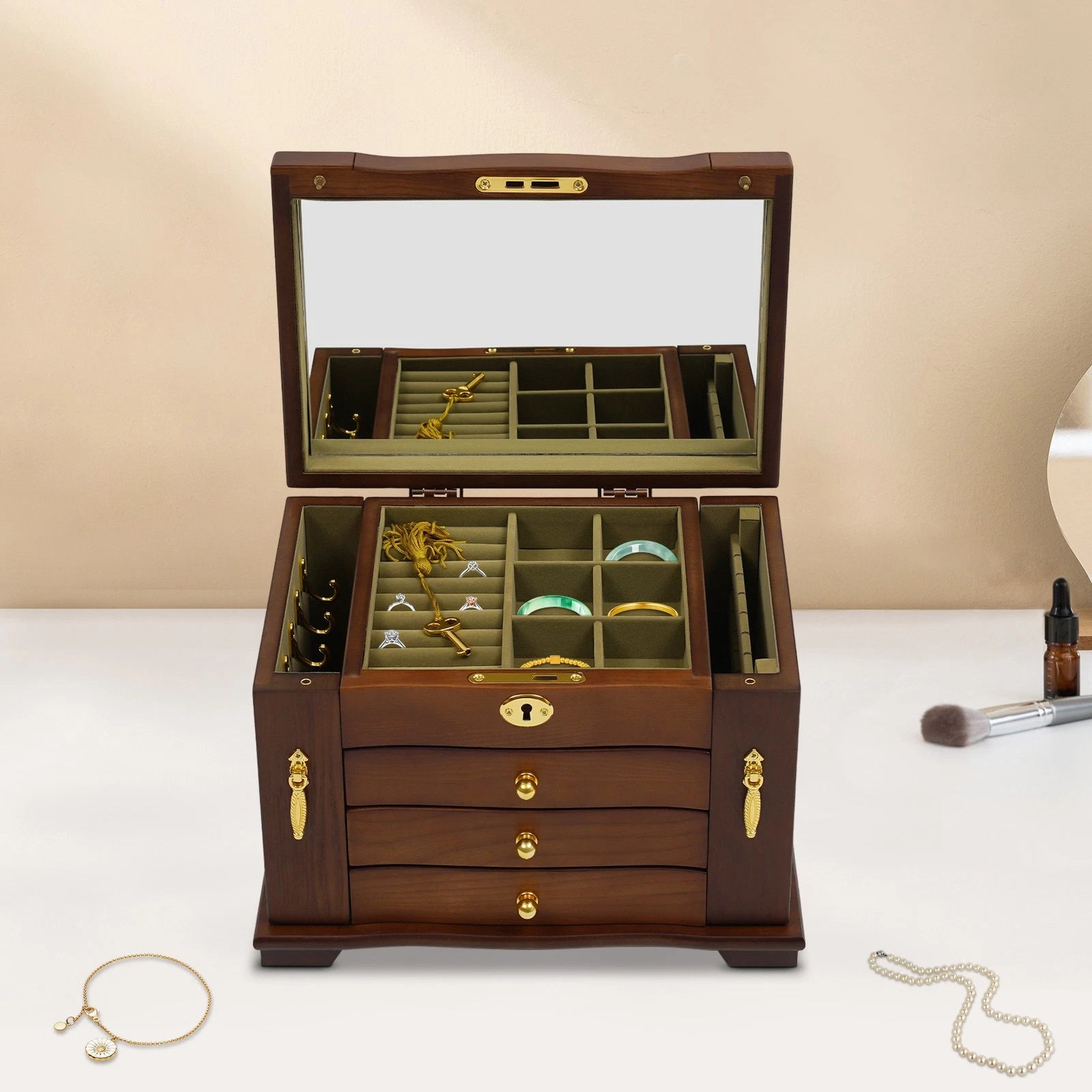 4-Tier Retro Solid Wood Jewelry Box Jewelry Case Lockable Ring Cabinet W/ Mirror | eBay