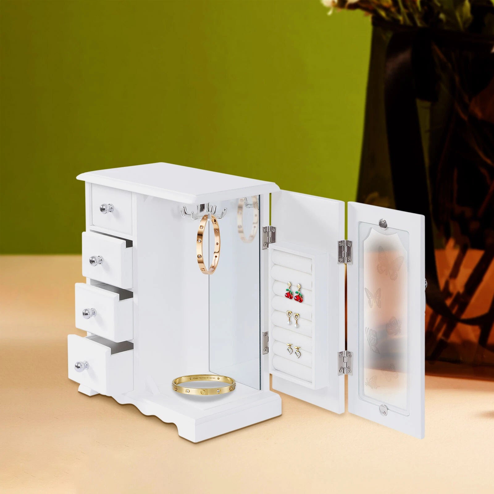 Jewelry Box Organizer Case Wooden with 4 Drawers Gift for Girls or Women White | eBay