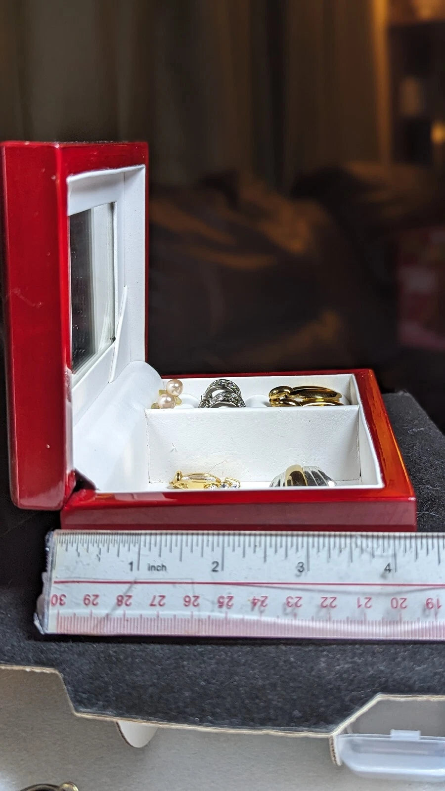 Red Lacquered Wood Travel Jewelry Box Mirrored 8 PC Goldtone Silvertone Jewelry | eBay