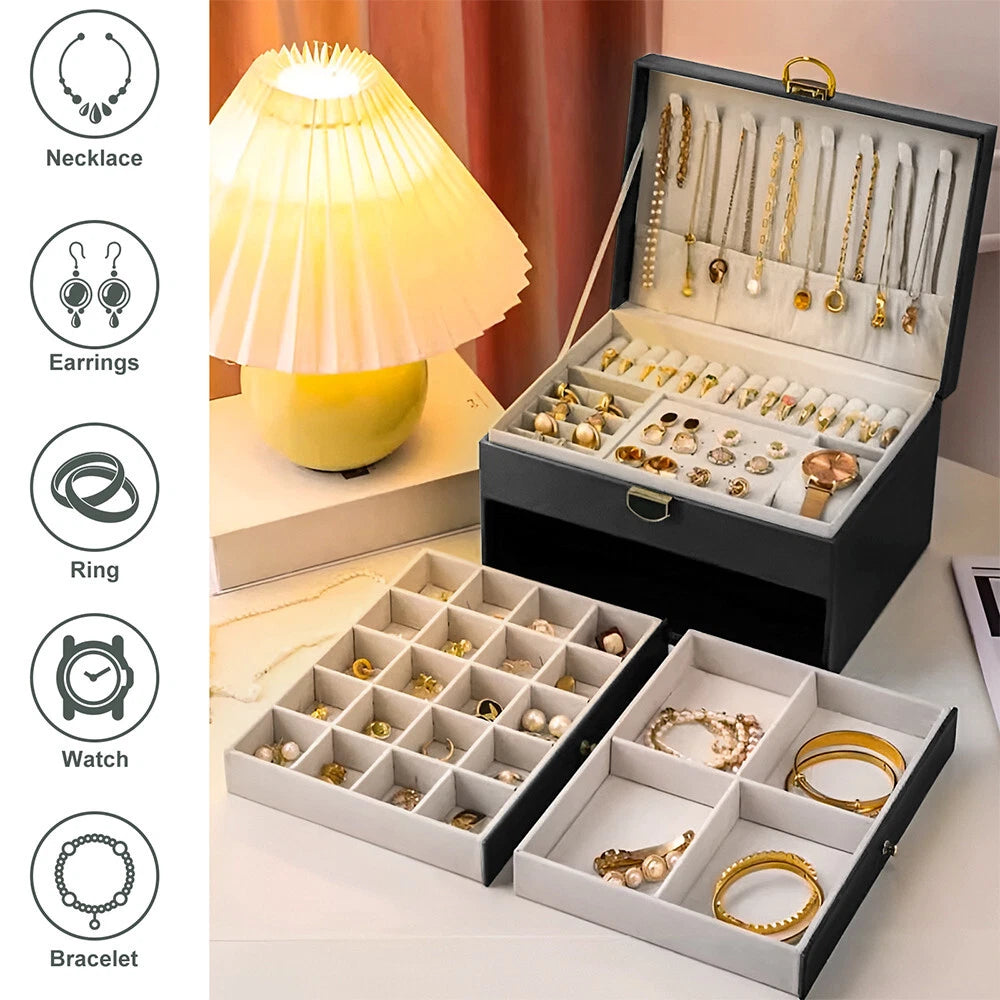 3 Layers Jewelry Box Organizer Large Capacity Ring Earring Necklace Storage Case | eBay