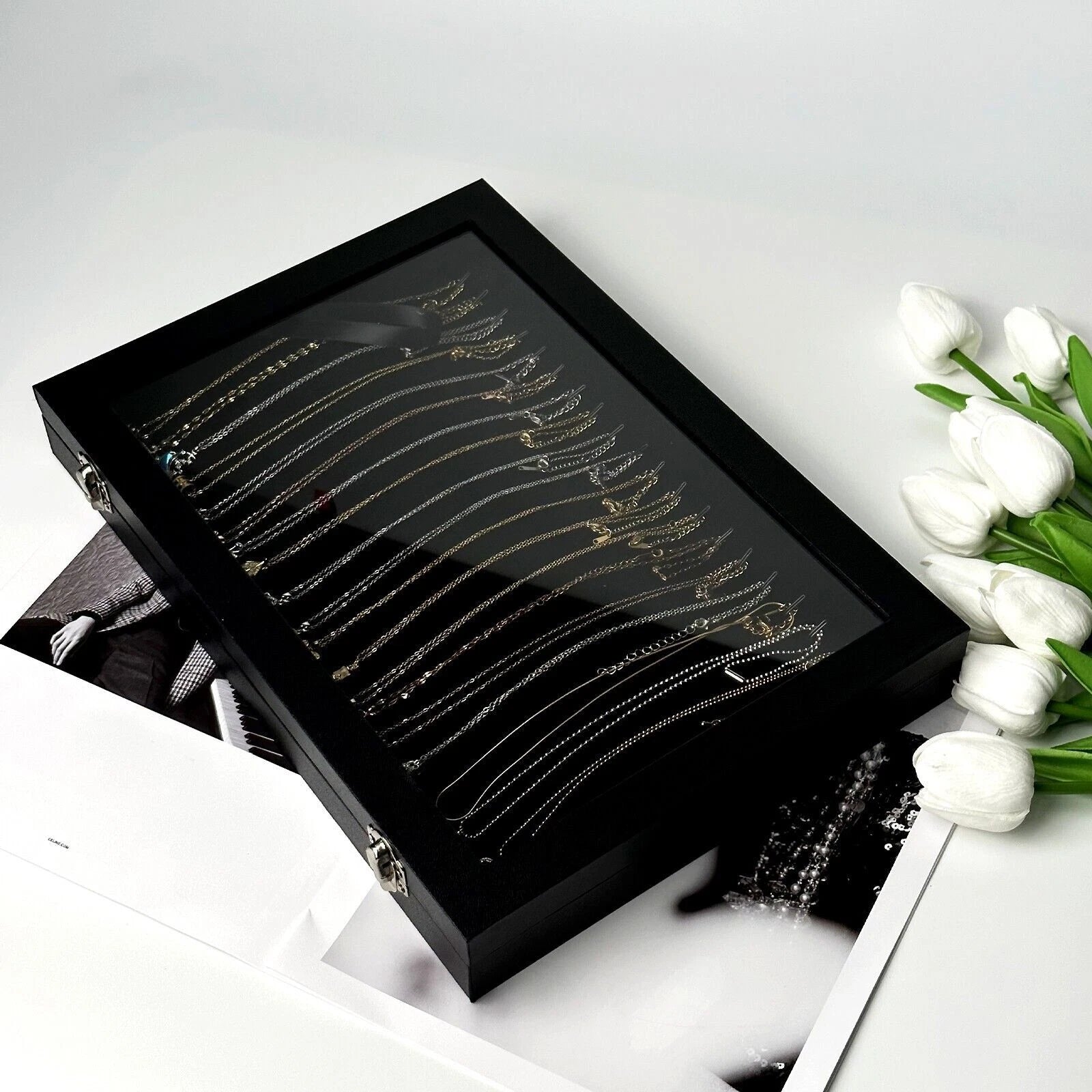 20 Hooks Velvet Necklace Organizer Box Necklace Holder Tray with Clear Lid Black | eBay