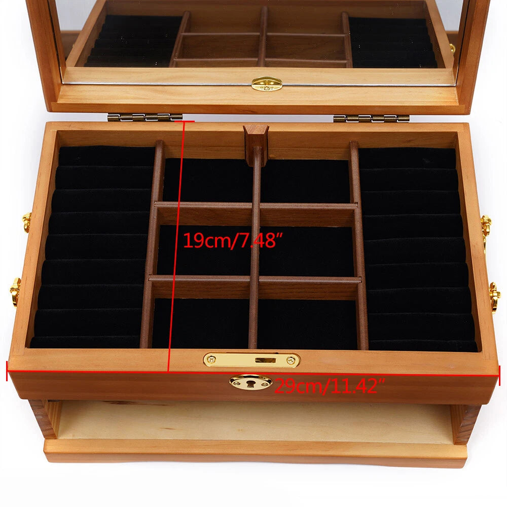 Large Capacity Wooden Jewelry Box W/ Safe Lock 3 Layers Retro Storage Organizer | eBay