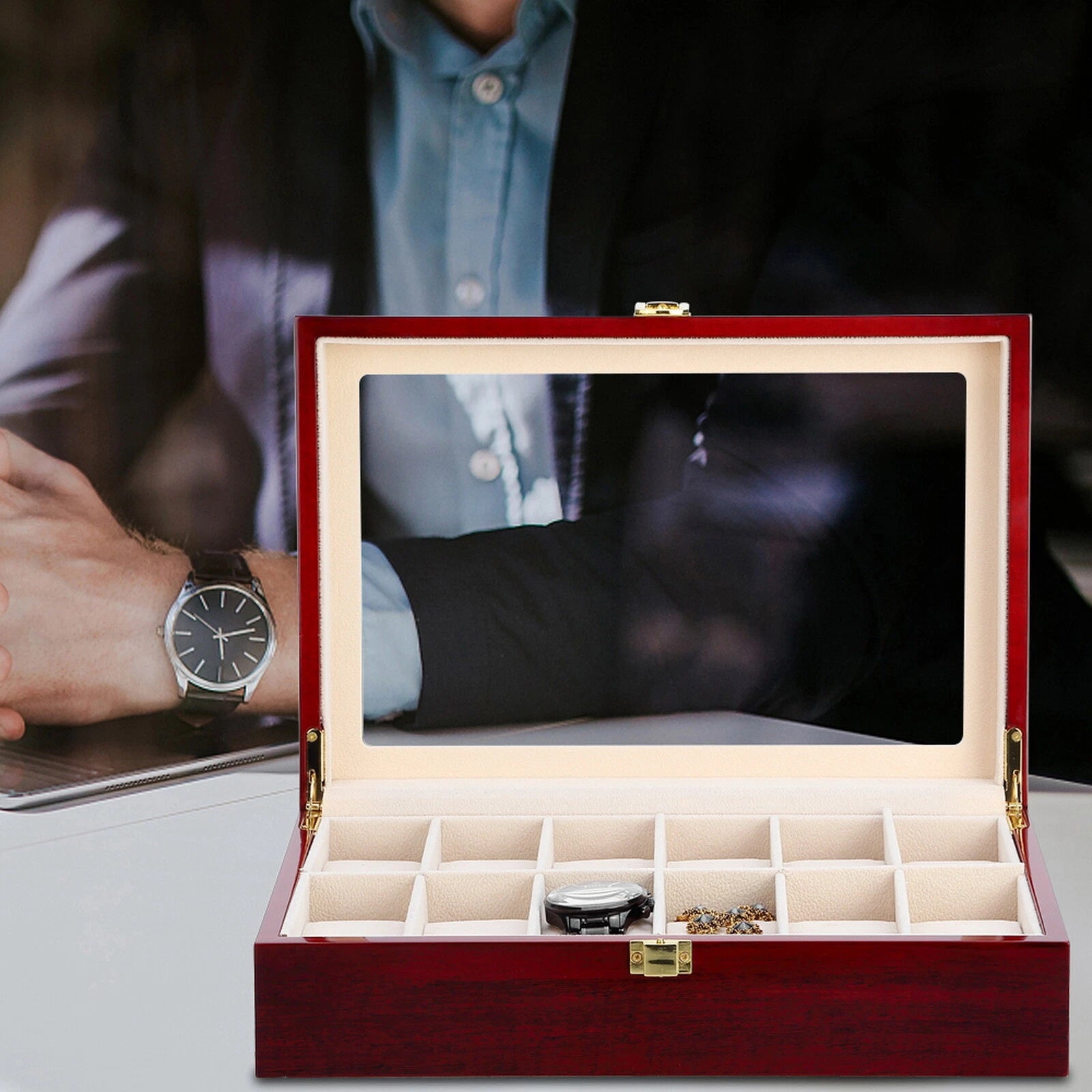 Watch Box Case Organizer Watches Holder Jewelry Storage Top Glass Display Gift | eBay