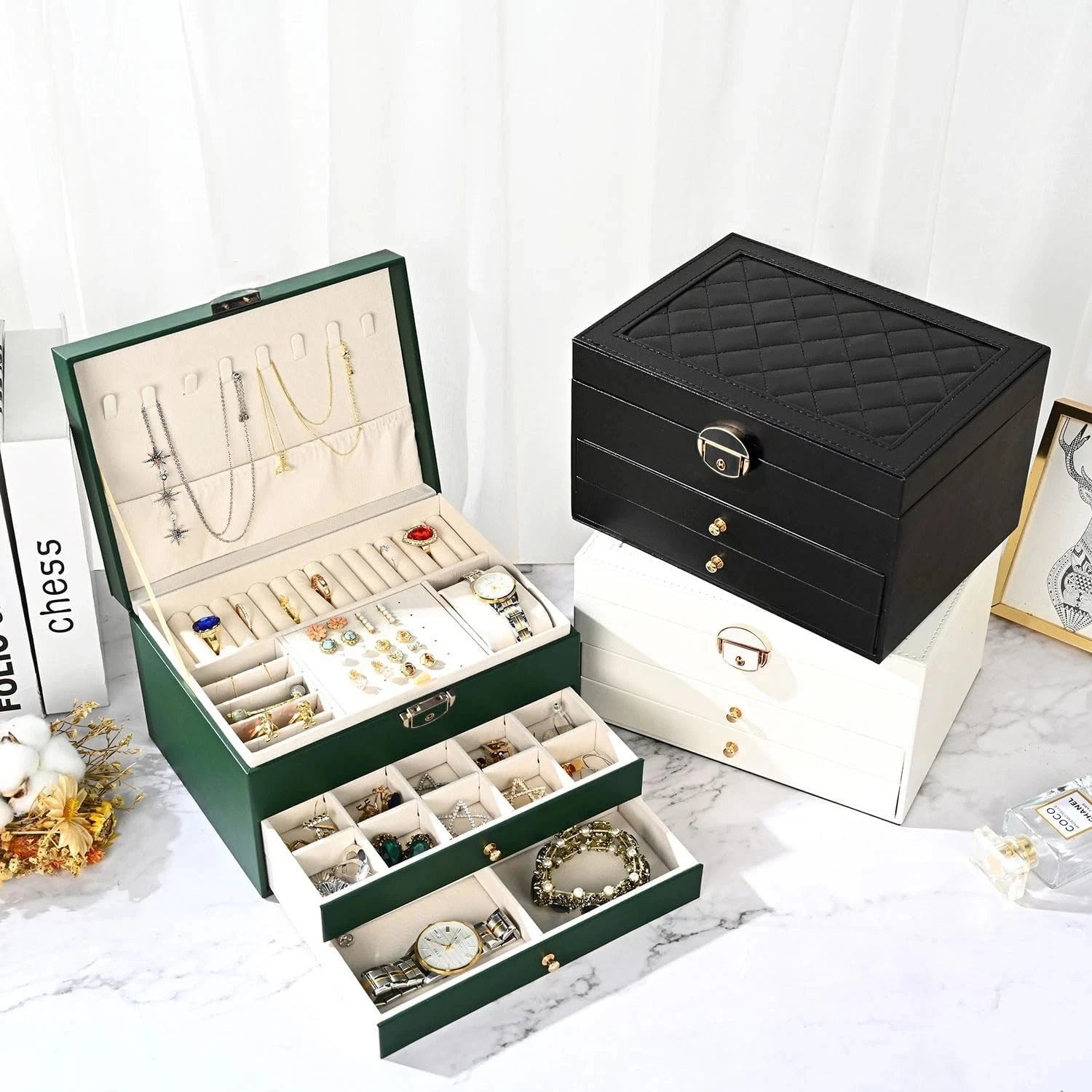 3 Layers Jewelry Box Organizer Earrings Bracelets Rings Watches Storage Case | eBay