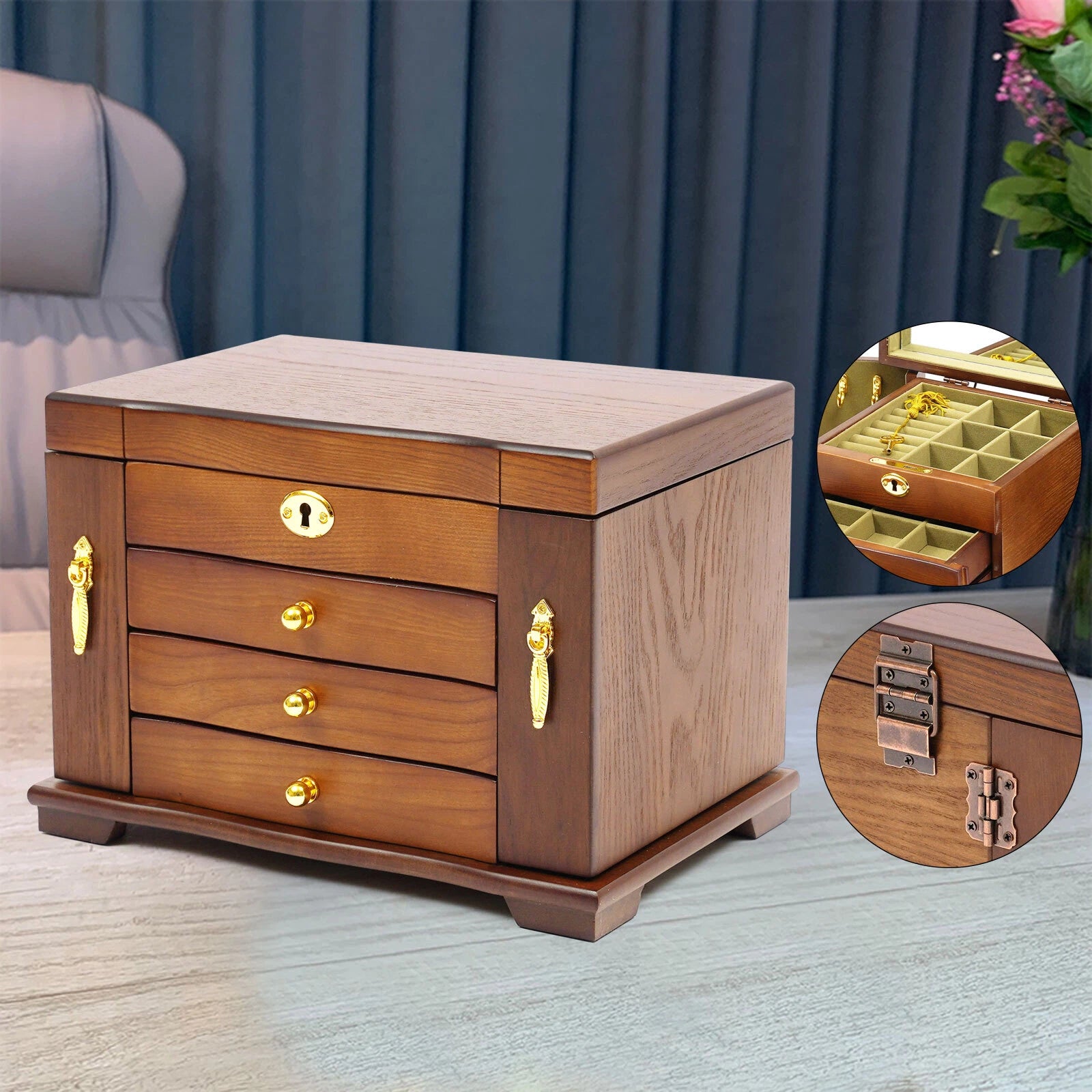 4-Tier Retro Solid Wood Jewelry Box Jewelry Case Lockable Ring Cabinet W/ Mirror | eBay