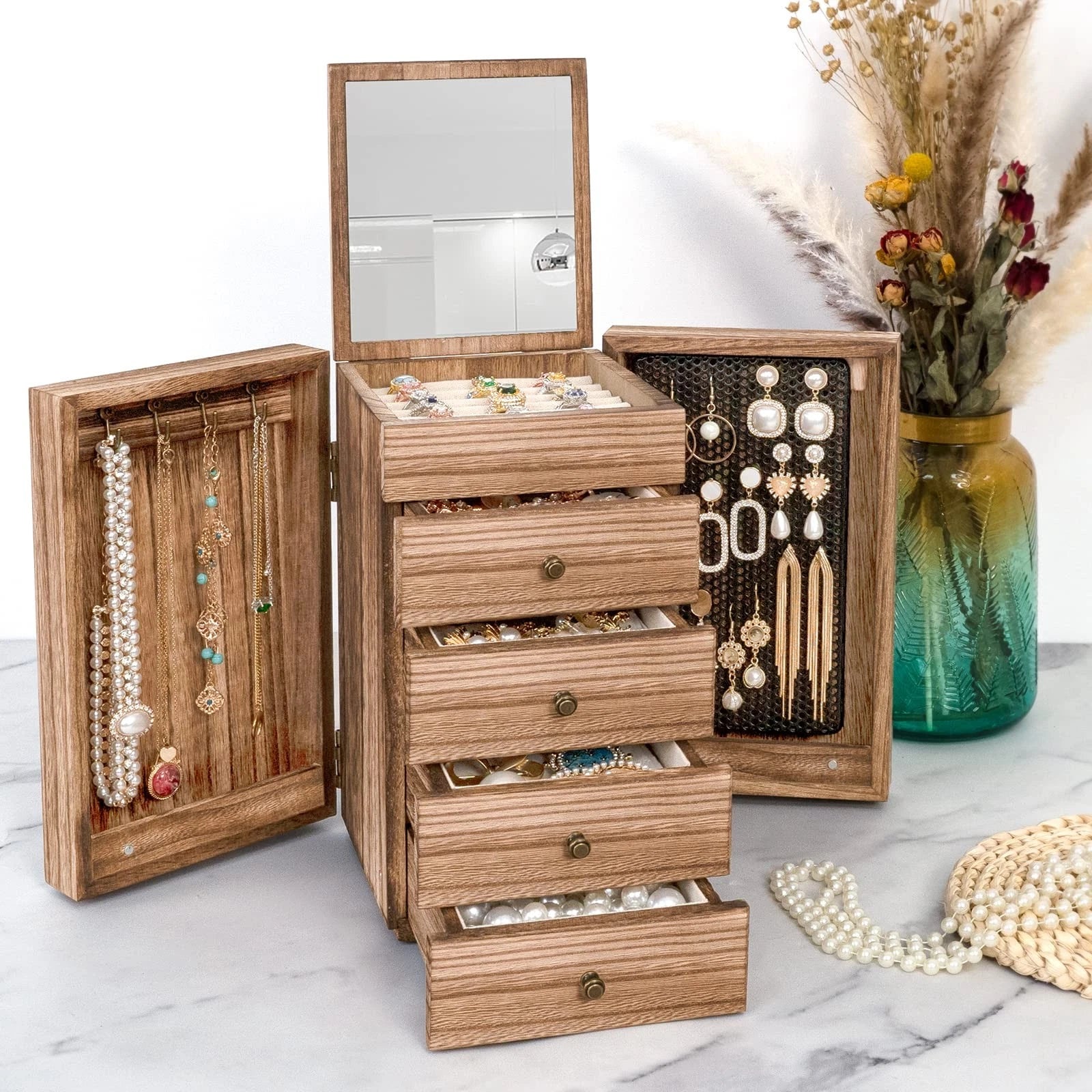 Jewelry Box Wood for Women, 5-Layer Large Organizer Box with Mirror & 4 Drawe... | eBay