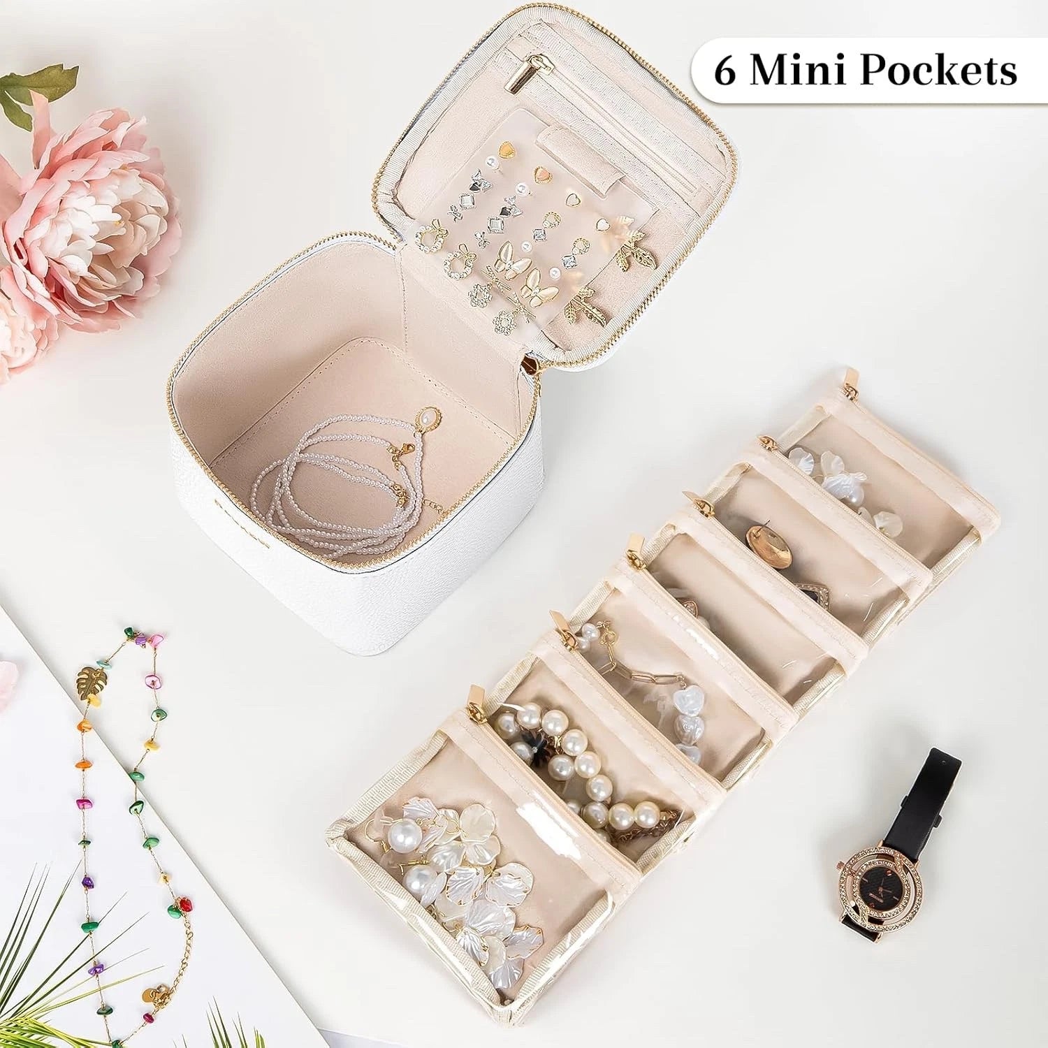 Travel Jewelry Box with 6 Pouches, Leather Jewelry Organizer Case for Women Girl | eBay