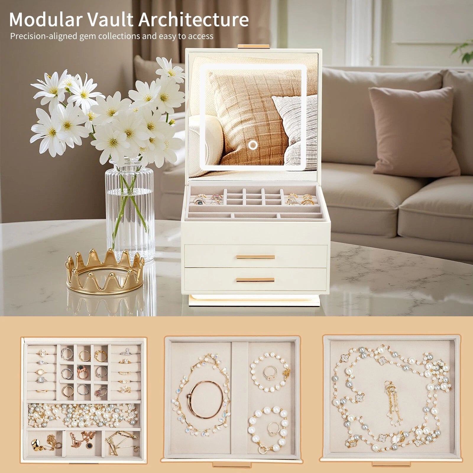 Jewelry Box Leather 3-Tier Storage Organizer Case with Touch Control LED Mirror | eBay