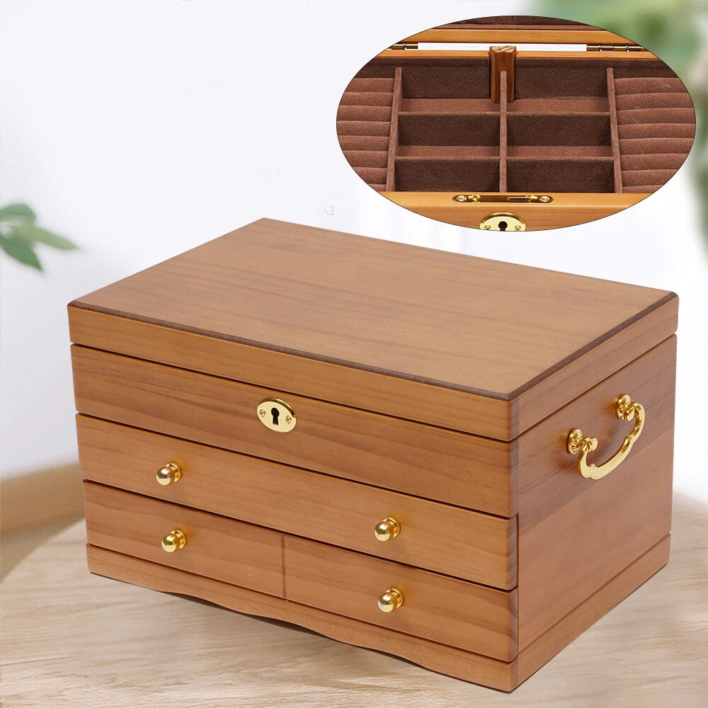 Large Capacity Wooden Jewelry Box W/ Safe Lock 3 Layers Retro Storage Organizer | eBay