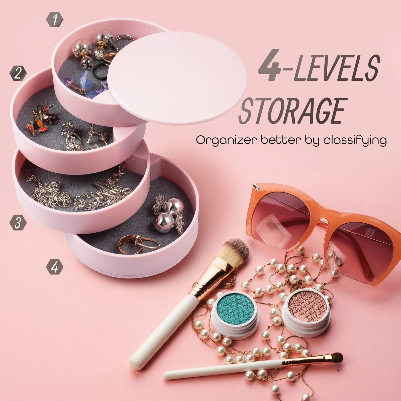Jewelry Organizer 4 Layer Rotatable Small Storage Box Earring Holder Tray, Pink | eBay