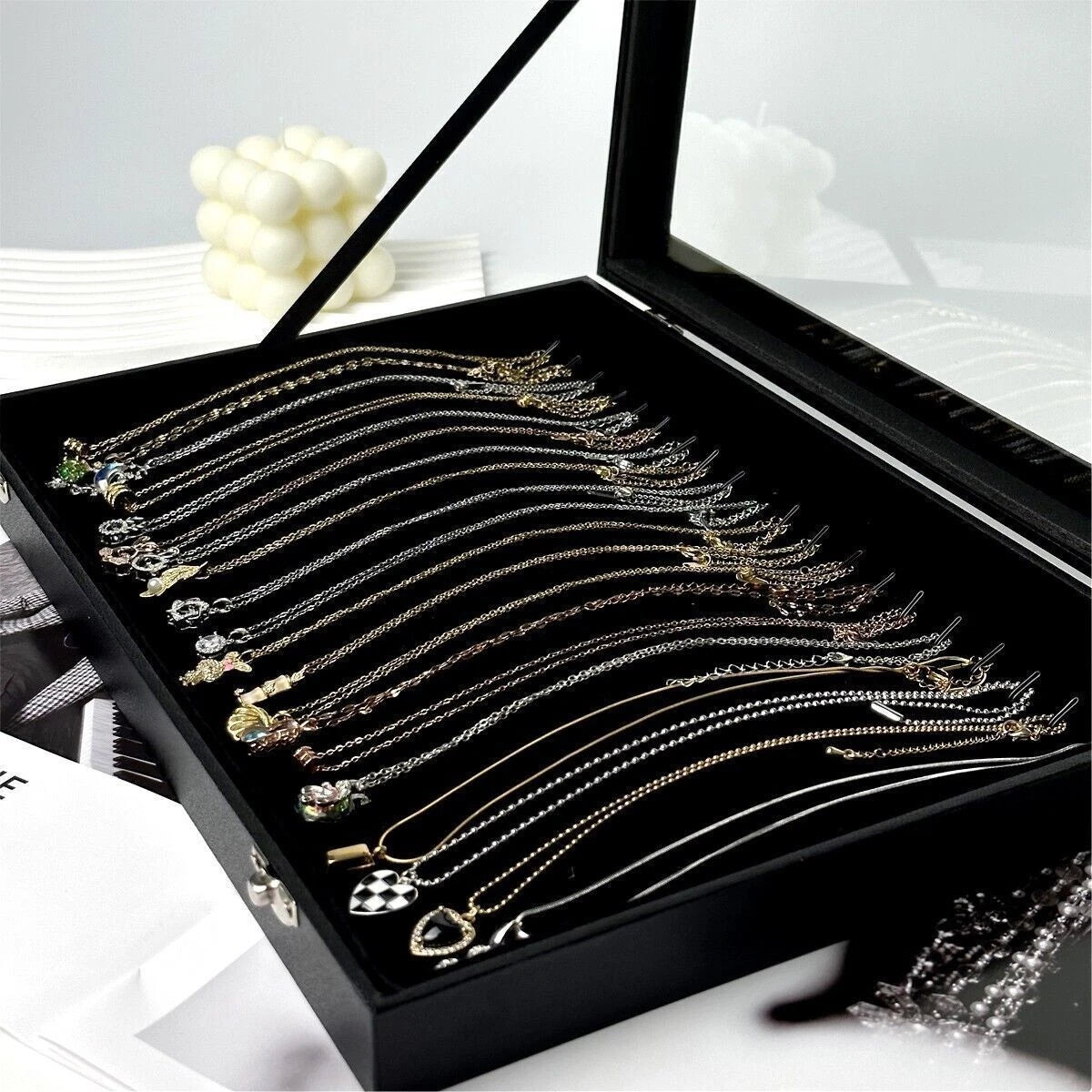 20 Hooks Velvet Necklace Organizer Box Necklace Holder Tray with Clear Lid | eBay
