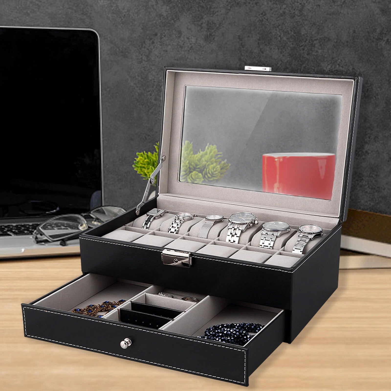 Watch Box Case Organizer Watches Holder Jewelry Storage Top Glass Display Gift | eBay