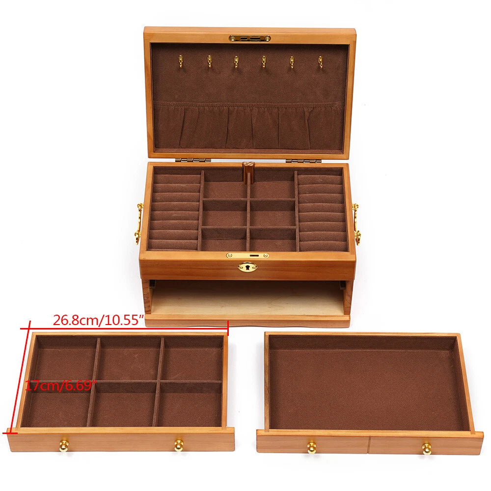 Large Capacity Wooden Jewelry Box W/ Safe Lock 3 Layers Retro Storage Organizer | eBay