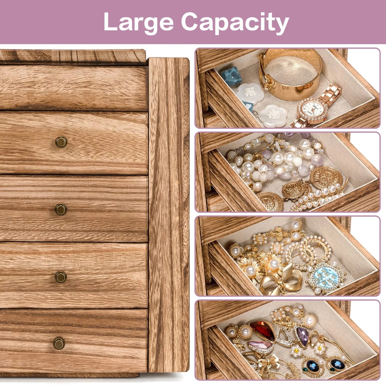 Jewelry Box Wood for Women, 5-Layer Large Organizer Box with Mirror & 4 Drawe... | eBay