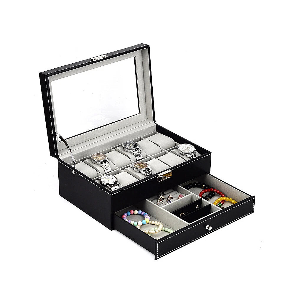 US12 Slot PU Leather Lockable Watch Storage Boxes Jewelry Display Drawer Case | eBay