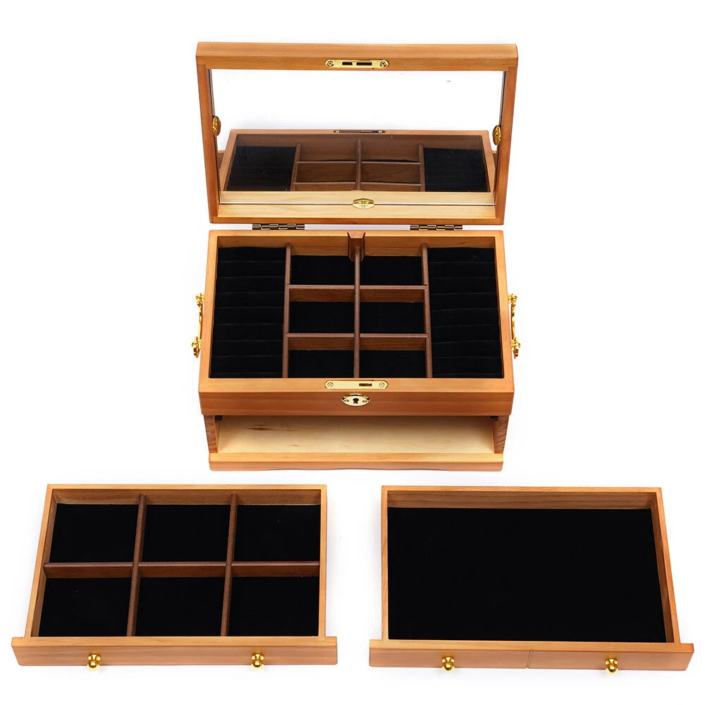 Large Capacity Wooden Jewelry Box W/ Safe Lock 3 Layers Retro Storage Organizer | eBay