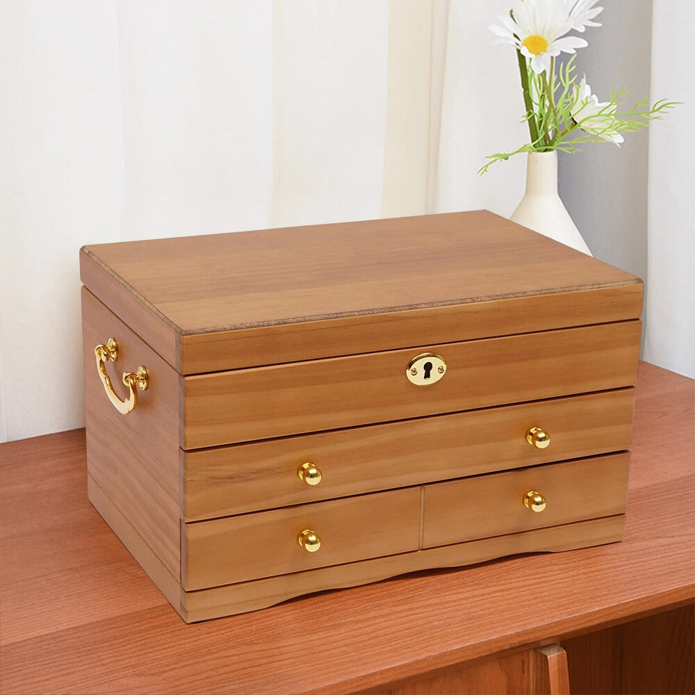 Large Capacity Wooden Jewelry Box W/ Safe Lock 3 Layers Retro Storage Organizer | eBay