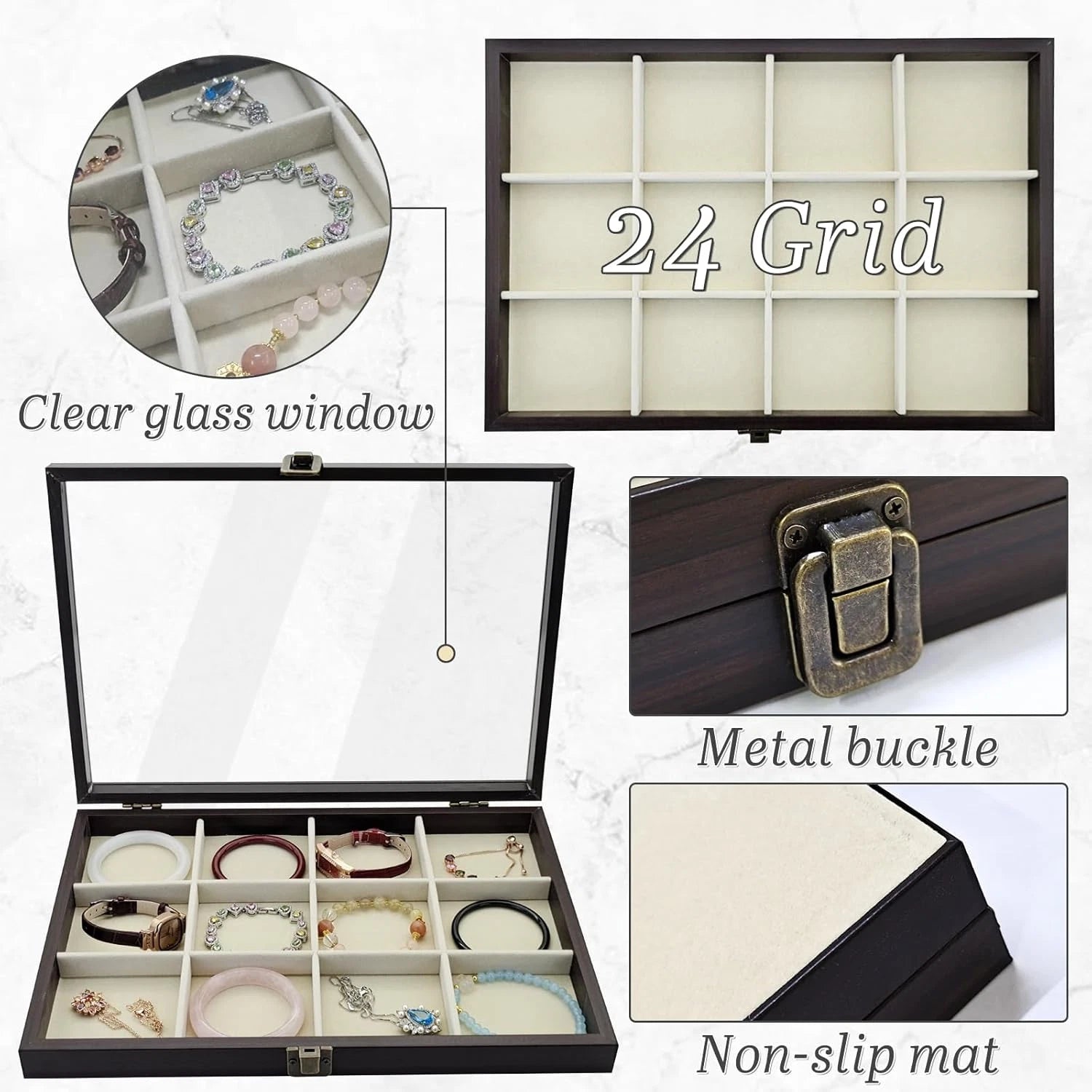 Jewelry Box with Glass Lid, Wood Jewelry Organizer Box, 24-Grid Earring Holder O | eBay