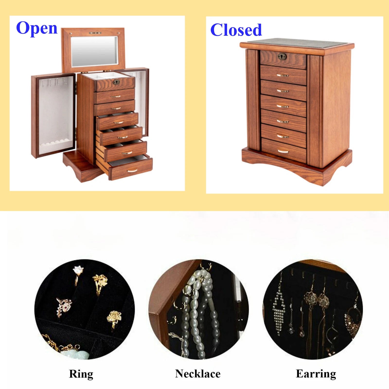 7 Layers Jewelry Box Wooden for Wowen Large Organizer Box with Mirror Safe Lock | eBay