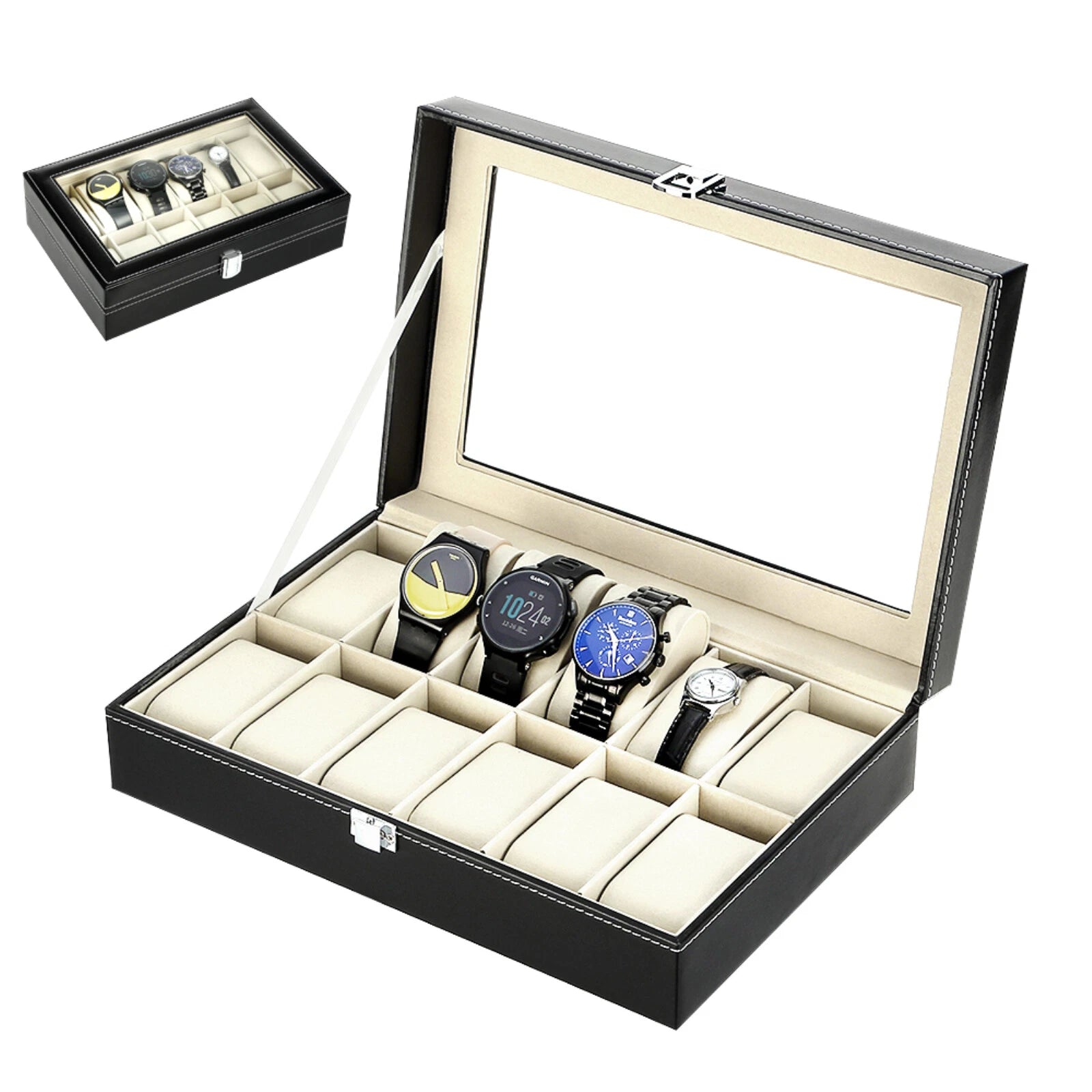 Watch Box Case Organizer Watches Holder Jewelry Storage Top Glass Display Gift | eBay