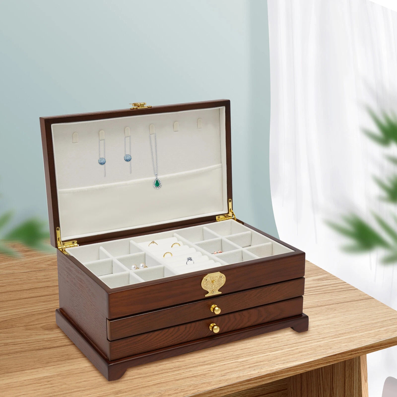 Large Wooden Jewelry Storage Box 3 Layers Organizer 2 Drawers Cabinet | eBay