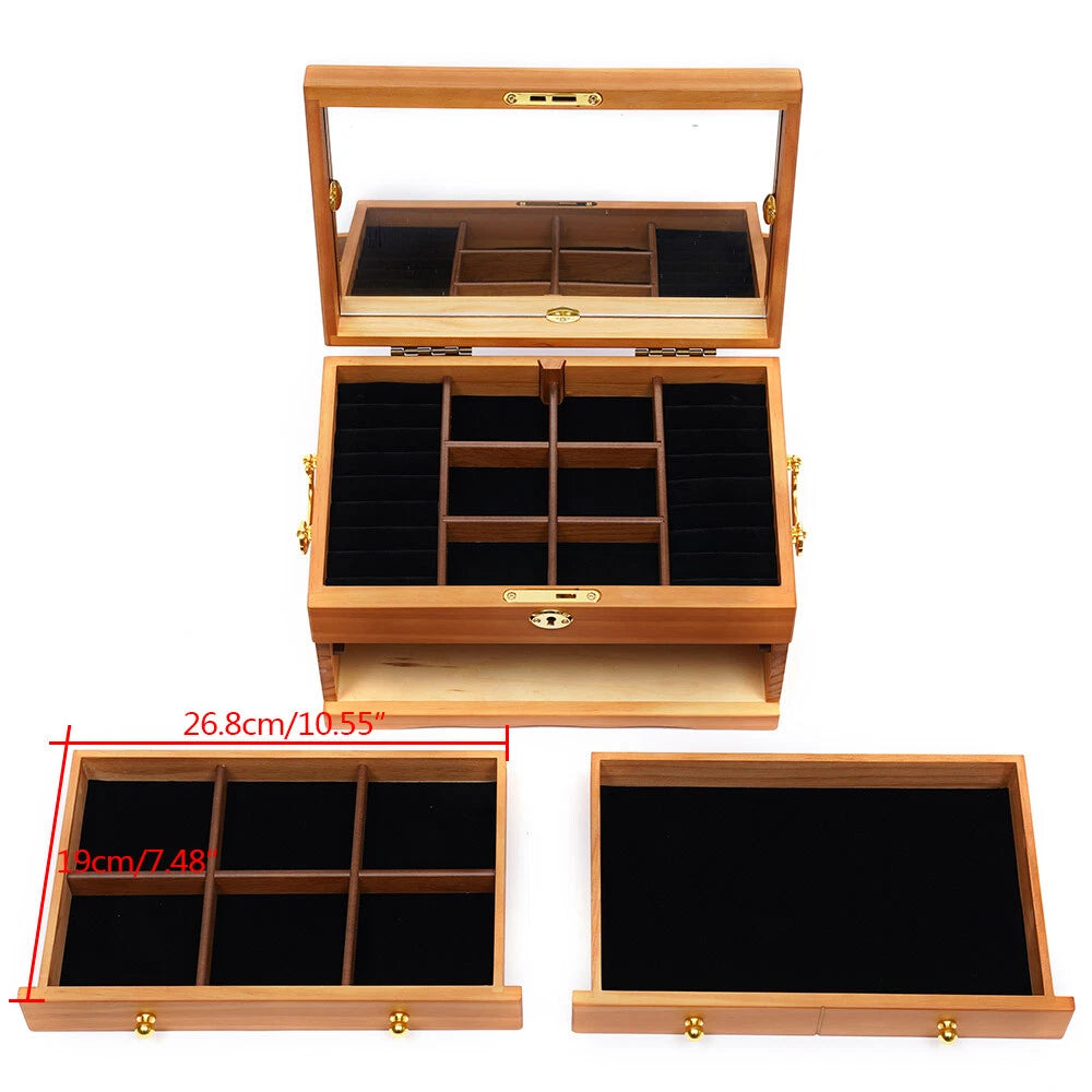 Large Capacity Wooden Jewelry Box W/ Safe Lock 3 Layers Retro Storage Organizer | eBay