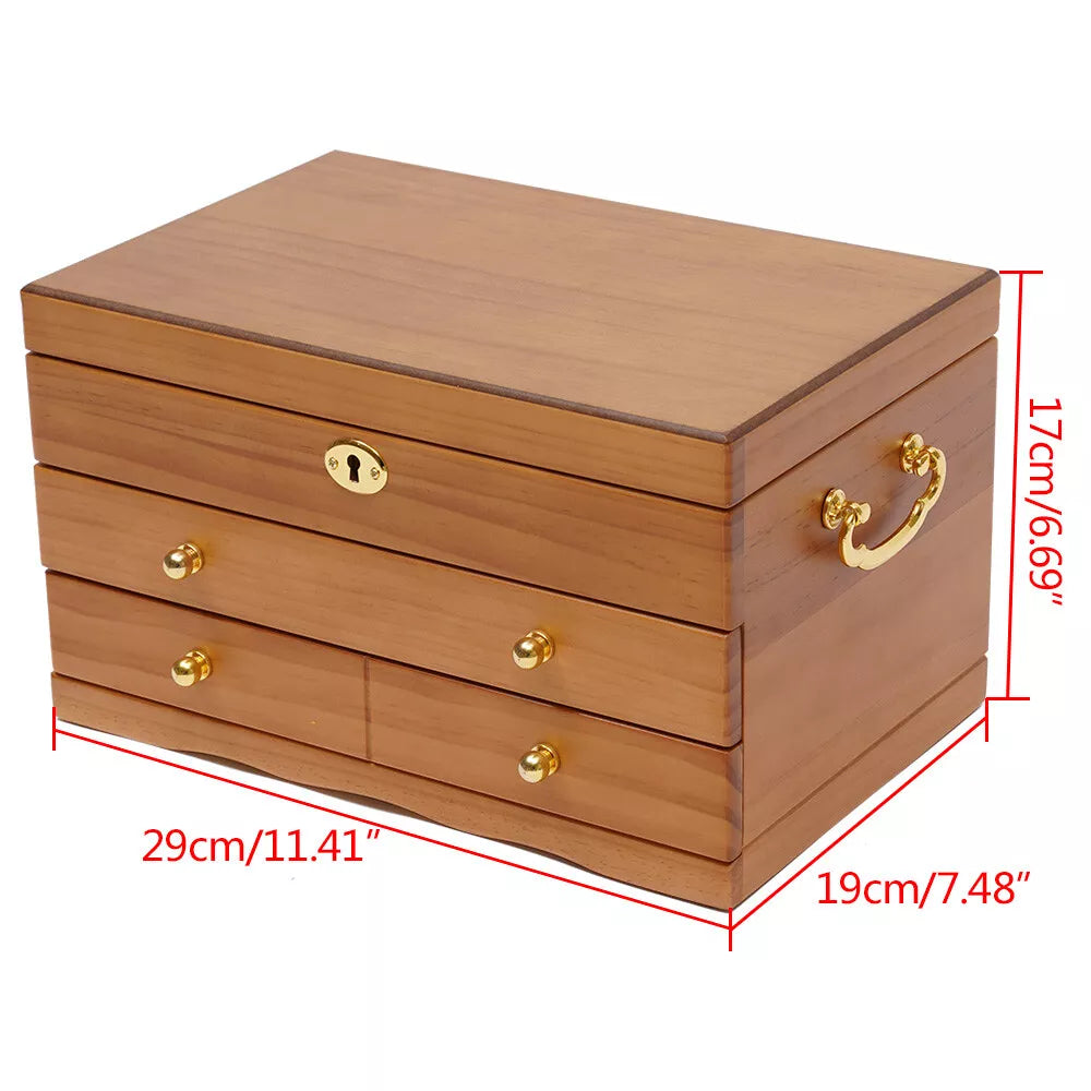 Large Capacity Wooden Jewelry Box W/ Safe Lock 3 Layers Retro Storage Organizer | eBay
