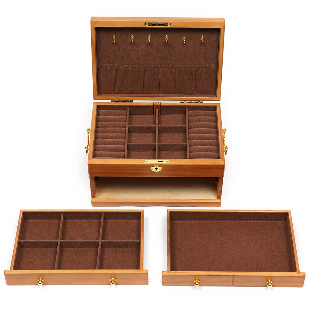 Large Capacity Wooden Jewelry Box W/ Safe Lock 3 Layers Retro Storage Organizer | eBay