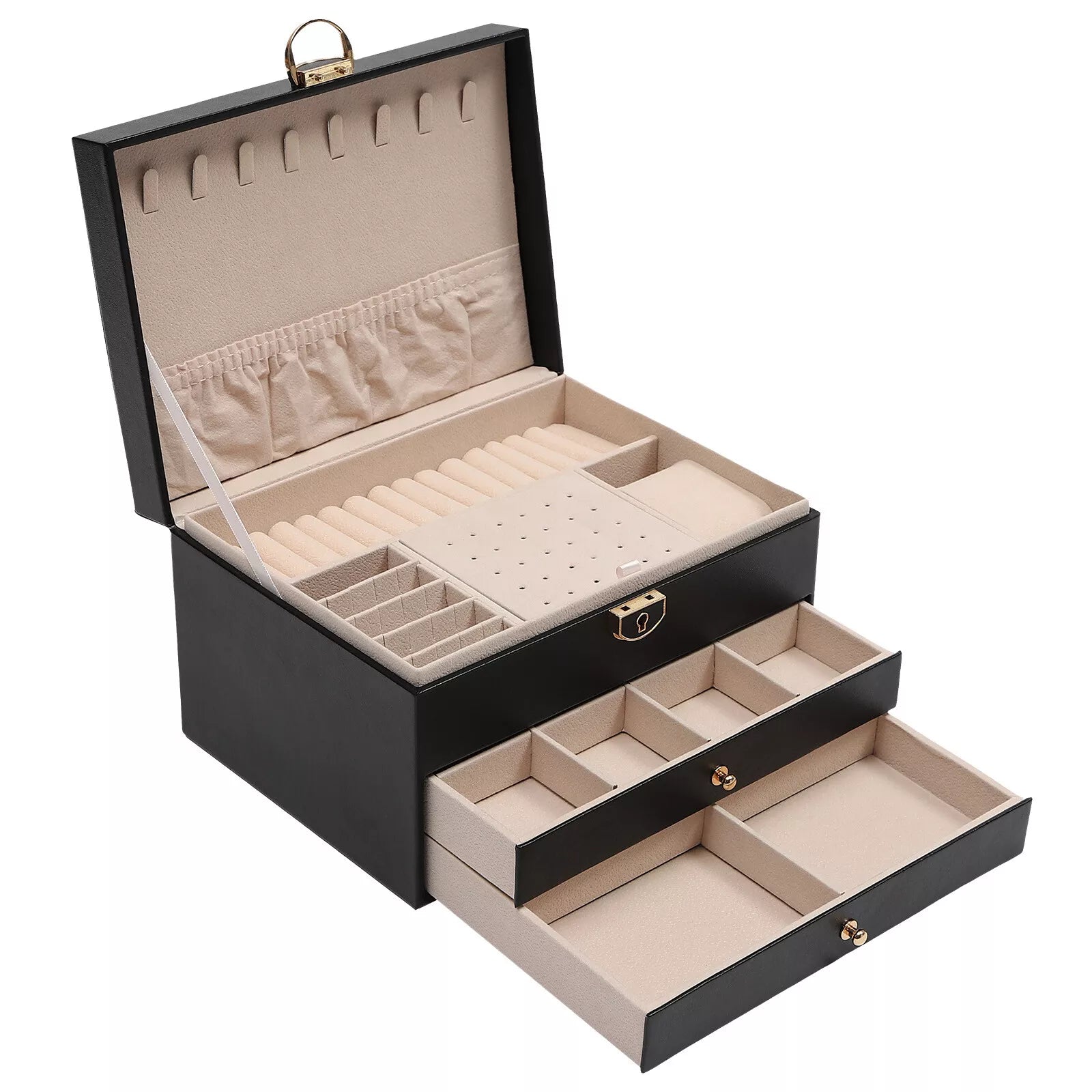 3layer Jewelry Box Organizer Lockable Storage Earring Box W/ Velveteen Lining PU | eBay
