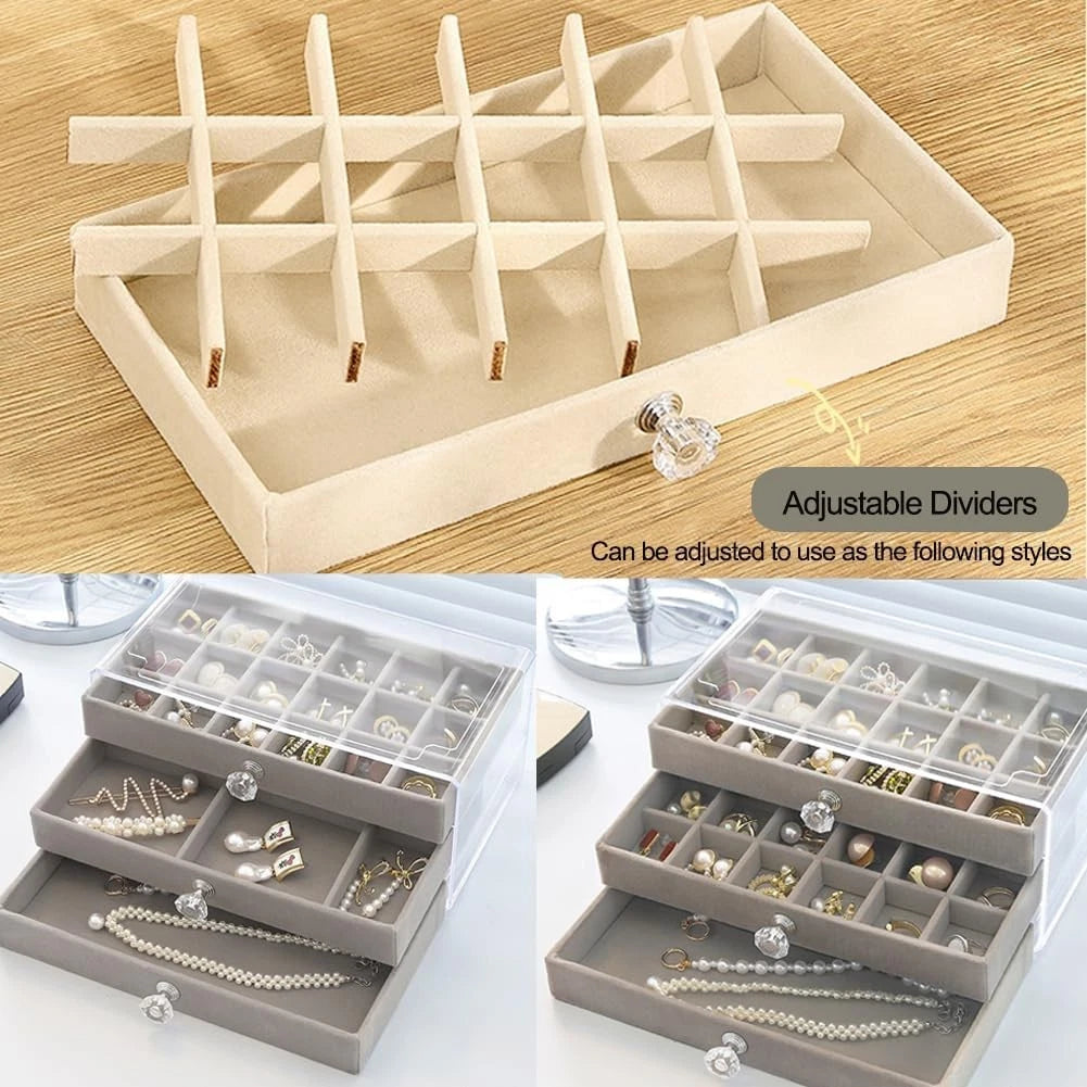 Clear Jewelry Box Earring Organizer Storage Case Velvet 3 Drawer Display Tray | eBay