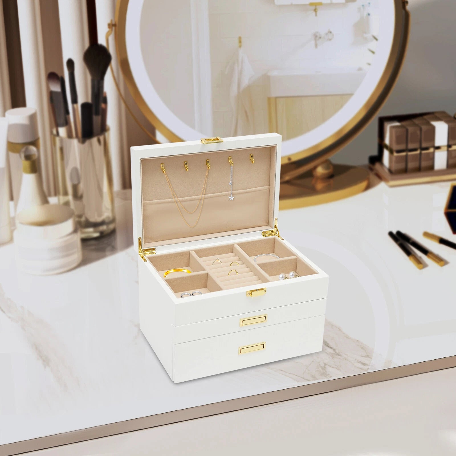 28CM Large Wooden Jewelry Storage Box White 3 Layers Organizer 2 Drawers Cabinet | eBay