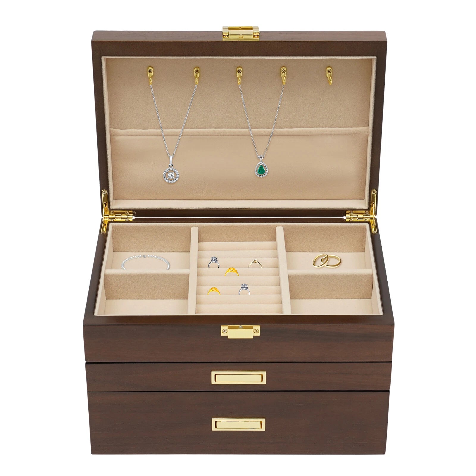Large Wooden Jewelry Storage Box 3 Layers Organizer 2 Drawers Cabinet | eBay