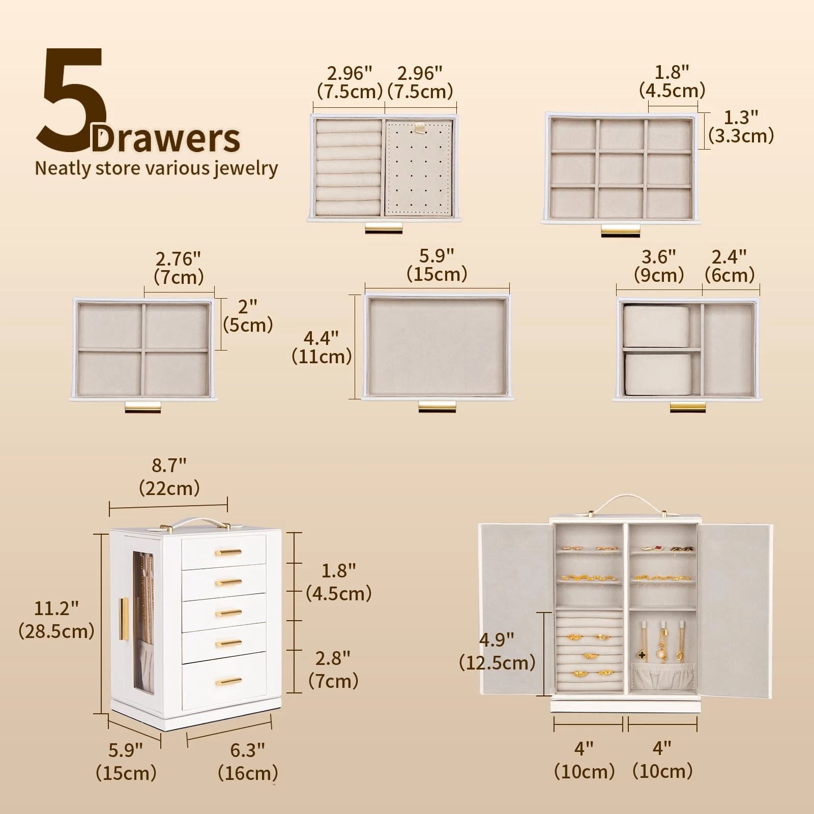 Jewelry Box 360° Rotating, Jewelry Storage Case with 5 Drawers, Jewelry Organ... | eBay