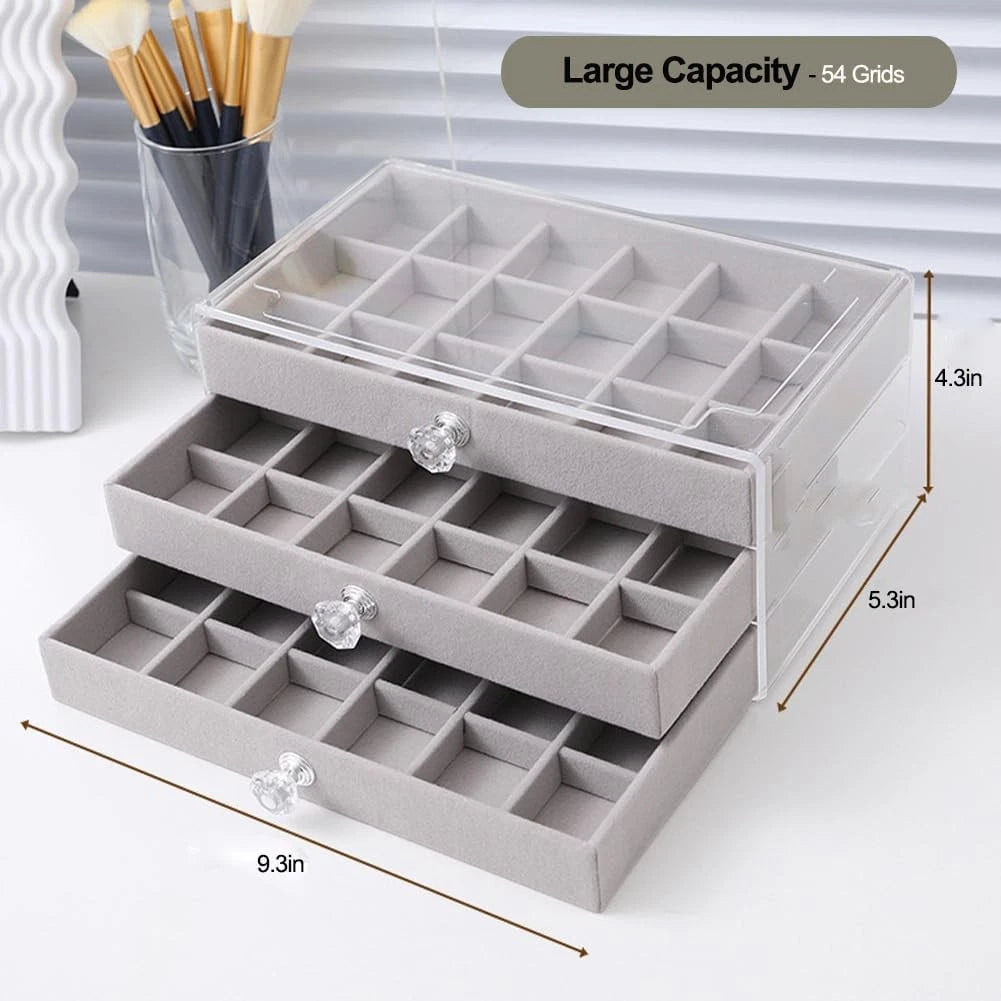 Clear Jewelry Box Earring Organizer Storage Case Velvet 3 Drawer Display Tray | eBay