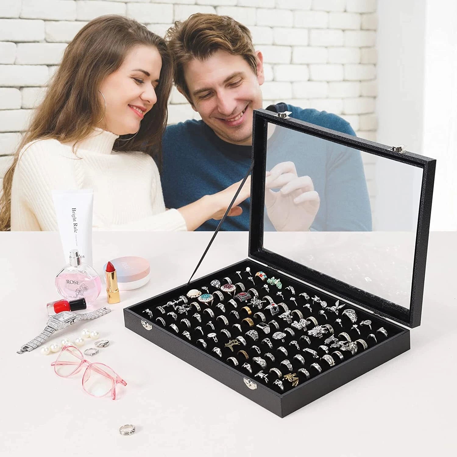 Black 100 Slots Ring Case Organizer Box,Rings Holder Storage Boxes with Glass | eBay