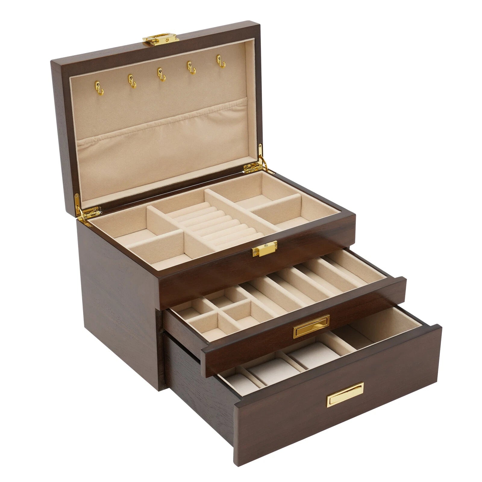 Large Wooden Jewelry Storage Box 3 Layers Organizer 2 Drawers Cabinet | eBay