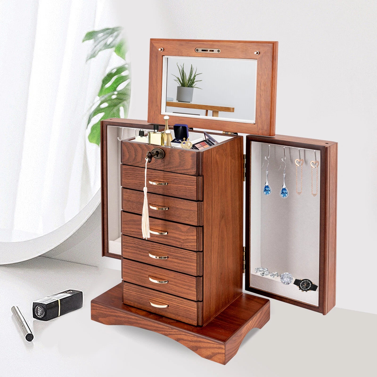 7 Layers Jewelry Box Large Wooden Organizer Box with Mirror Safe Lock for Women | eBay