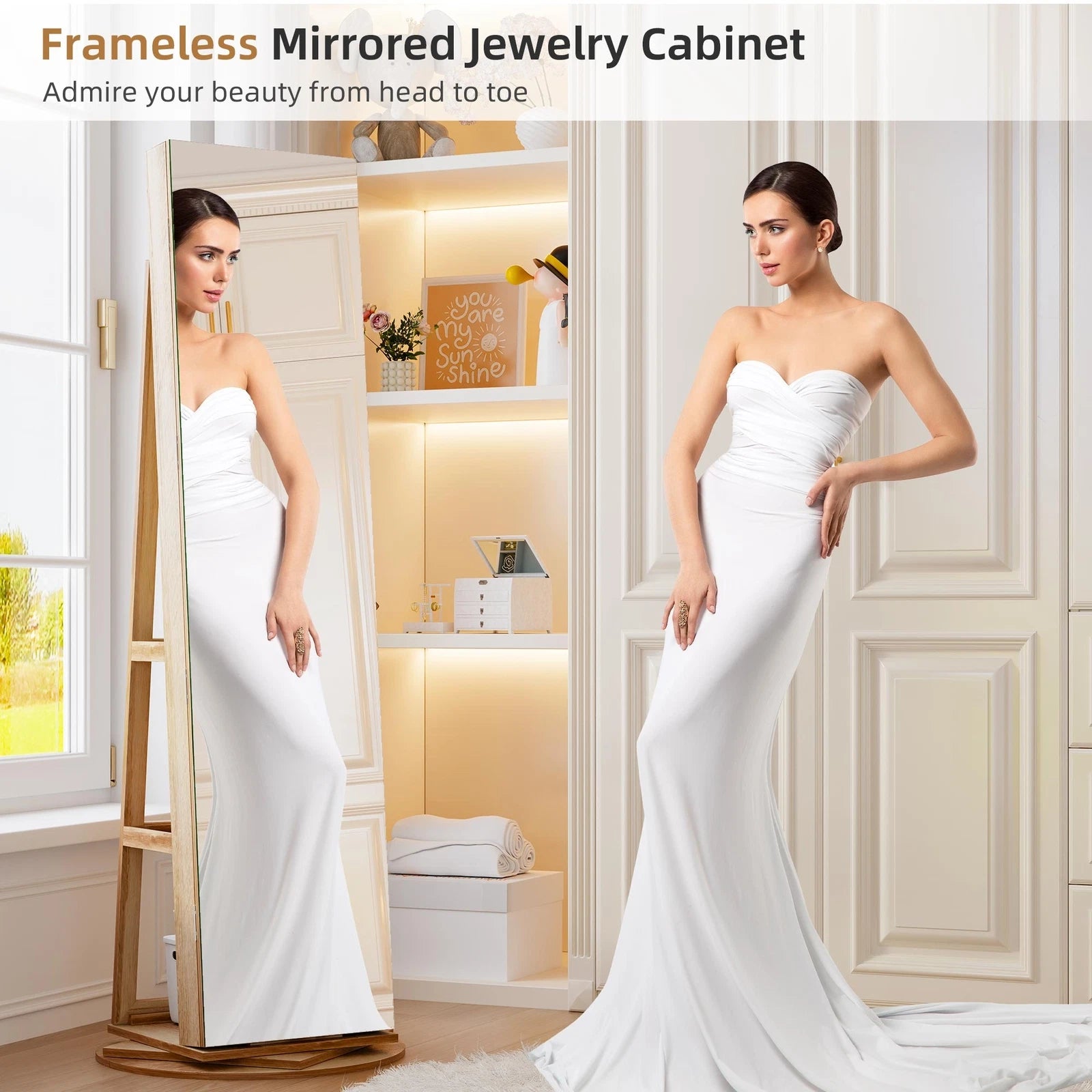 360° Swivel Jewelry Cabinet with Back Storage Shelves Full Length Mirror | eBay