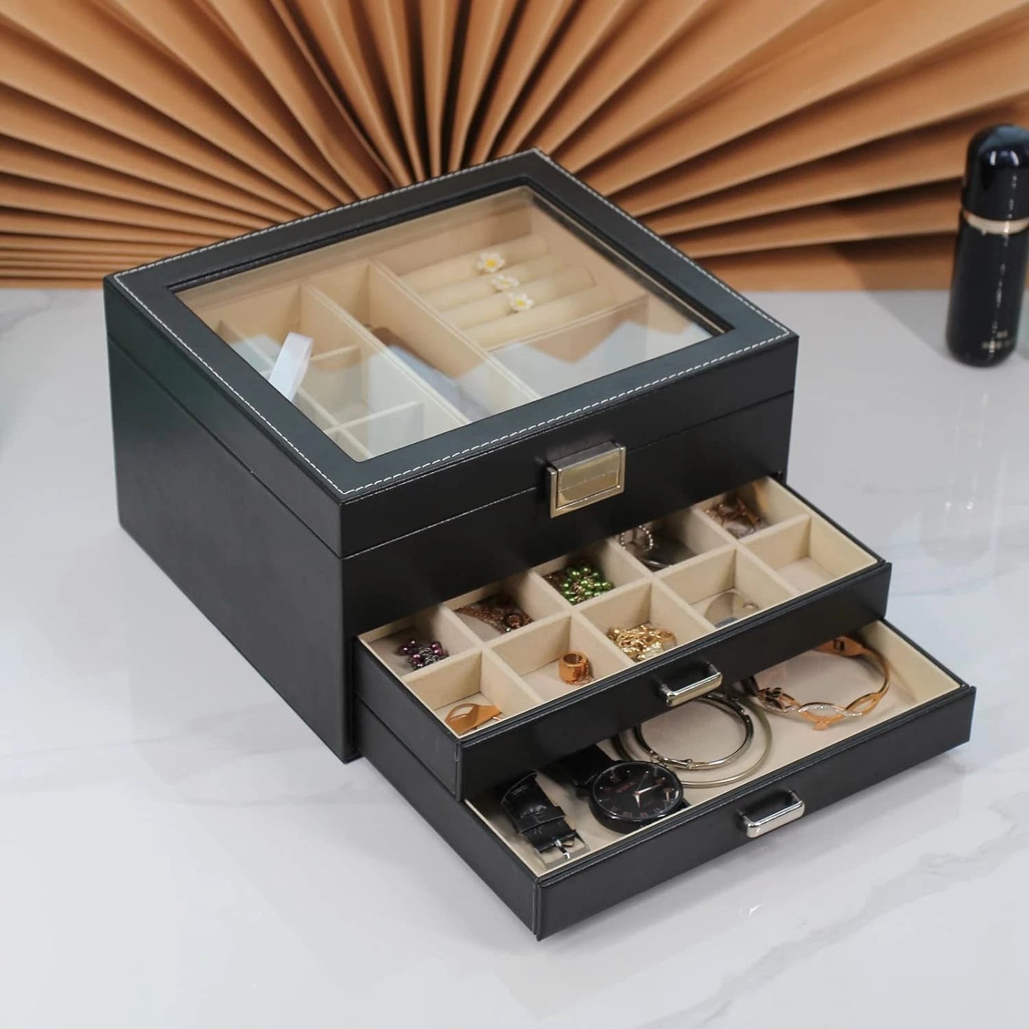 3-Layer Jewelry Organizer with Glass Lid & Drawers Jewelry Storag Box for Women. | eBay