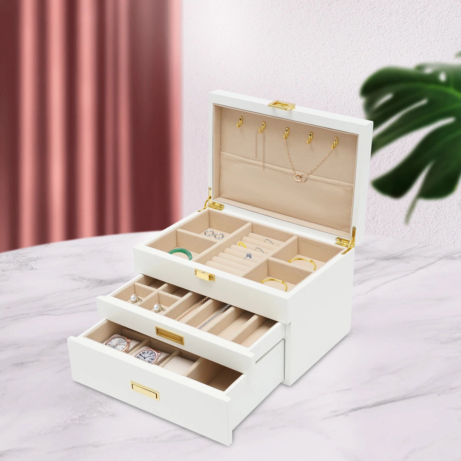 Large Wooden Jewelry Storage Box 3 Layers Organizer 2 Drawers Cabinet | eBay