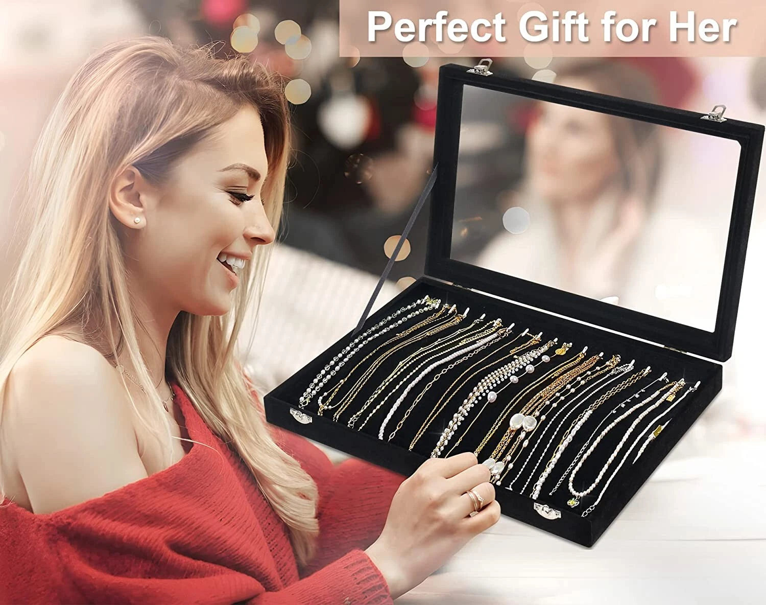 Black 20 Hooks Velvet Necklace Organizer Box Necklace Holder Tray with Clear Lid | eBay