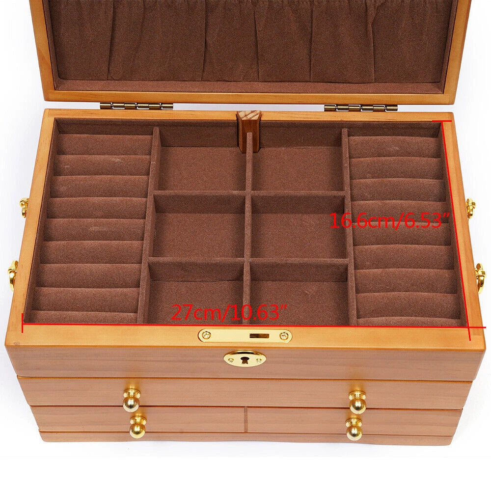 Large Capacity Wooden Jewelry Box 3 Layers W/ Safe Lock Retro Storage Organizer | eBay