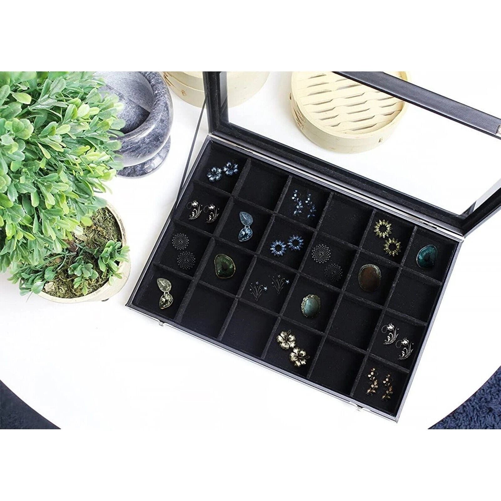 Jewelry Organizer Tray with Clear Lid 24 Grid Velvet Drawer Jewelry Storage | eBay